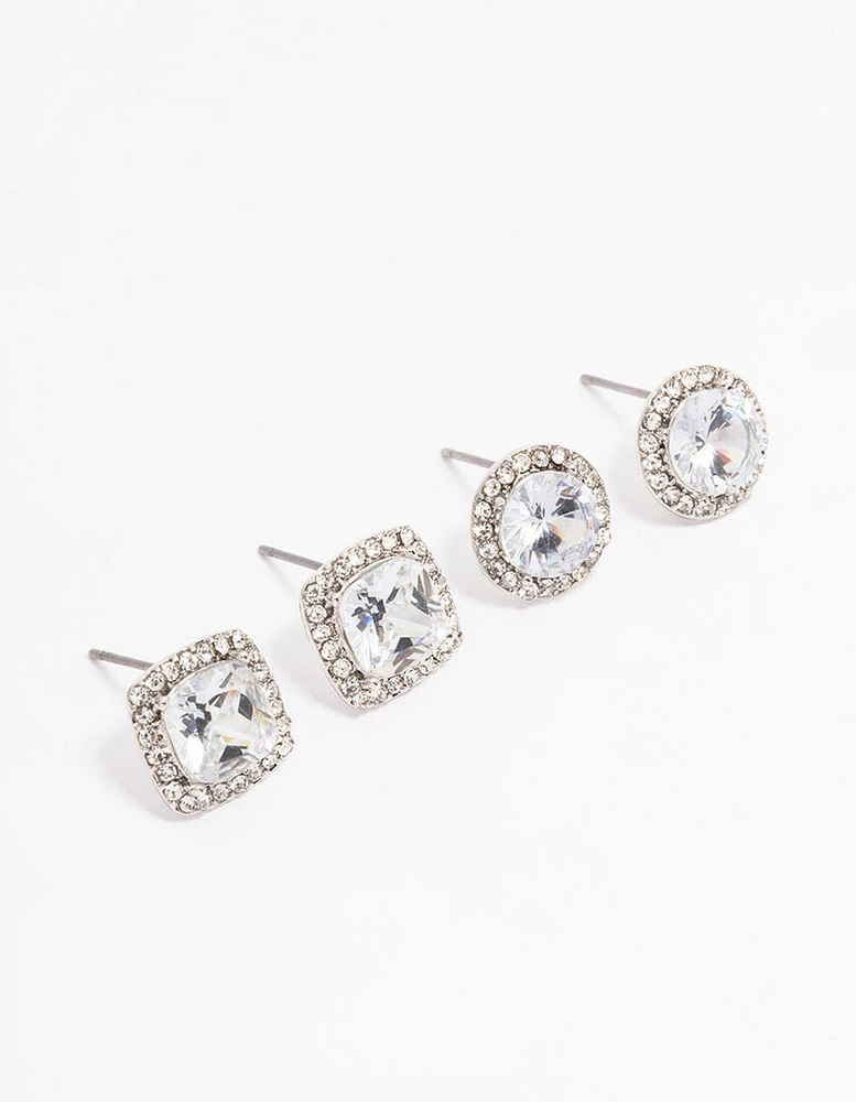 Silver Oval & Square Halo Earring Pack