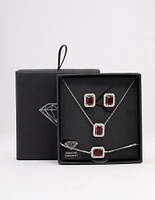 Rhodium Ruby Diamond Simulant Halo Jewellery Set