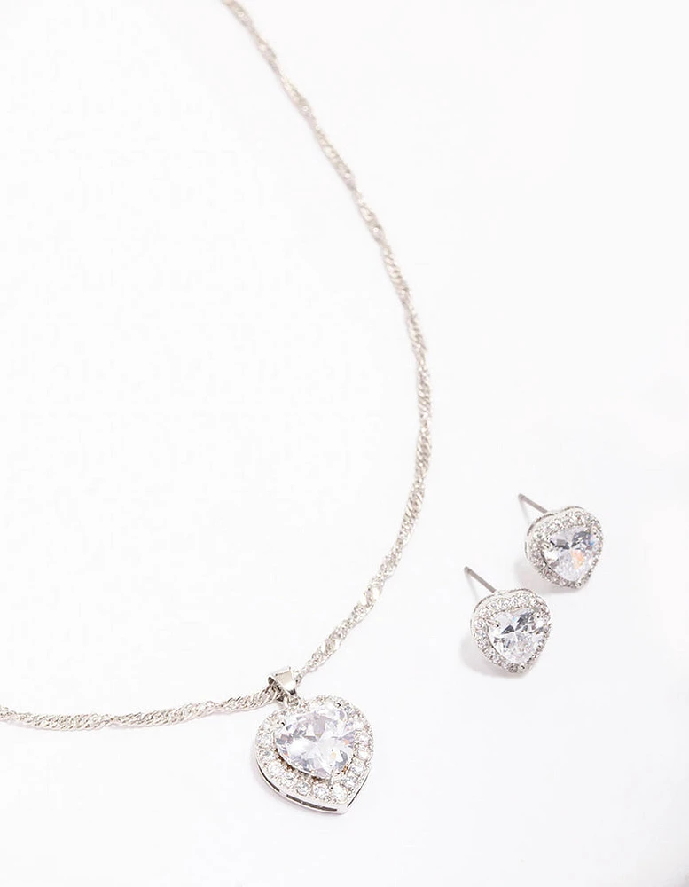 Silver Cubic Zirconia Halo Heart Jewellery Set