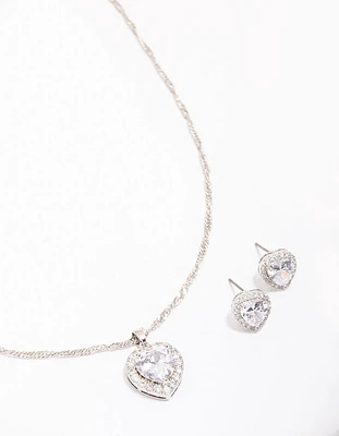 Rhodium Cubic Zirconia Halo Heart Jewellery Set