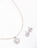 Silver Cubic Zirconia Halo Heart Jewellery Set