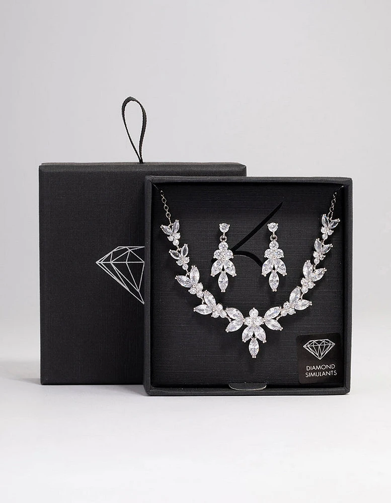 Rhodium Leafy Cubic Zirconia Vine Jewellery Set