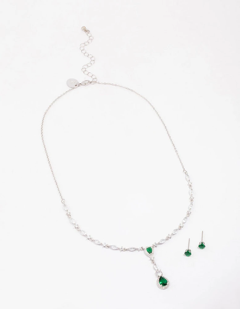 Rhodium Emerald Oval Pear Jewellery Set