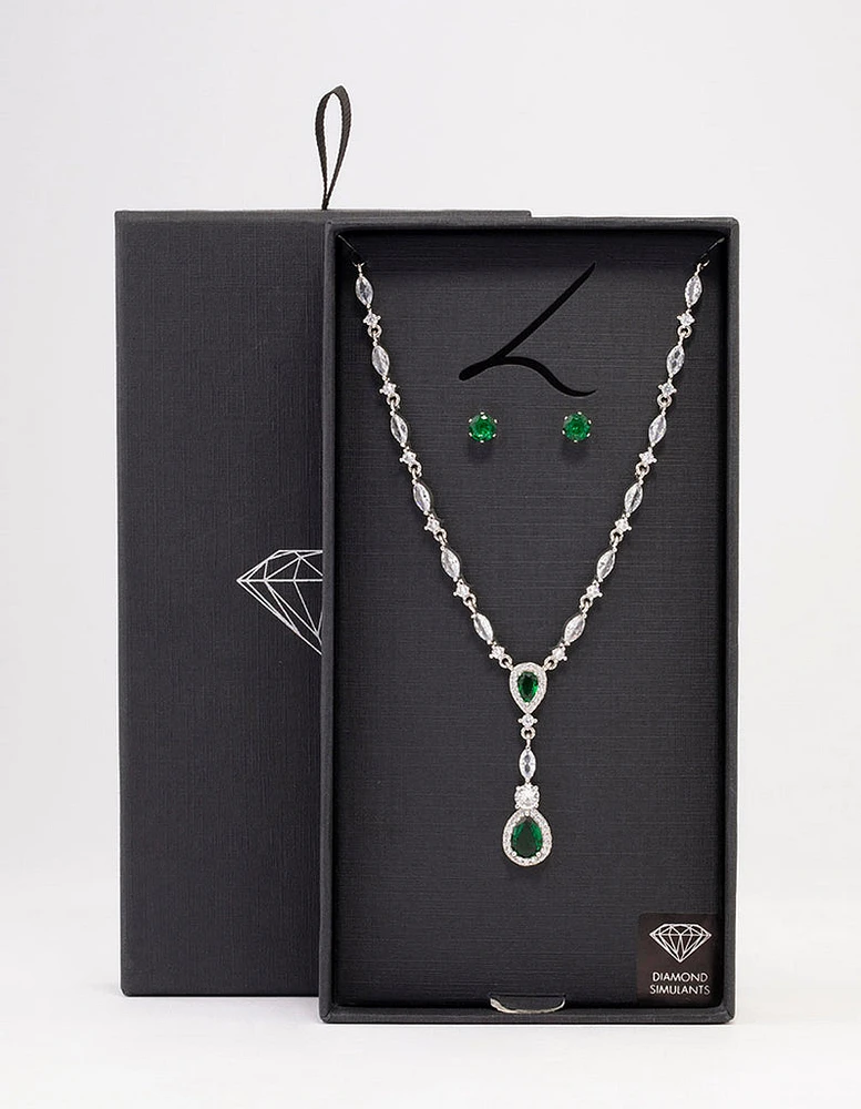 Rhodium Emerald Oval Pear Jewellery Set