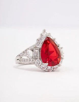 Rhodium Red Pear Cubic Zirconia Cocktail Ring