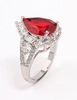 Rhodium Red Pear Cubic Zirconia Cocktail Ring