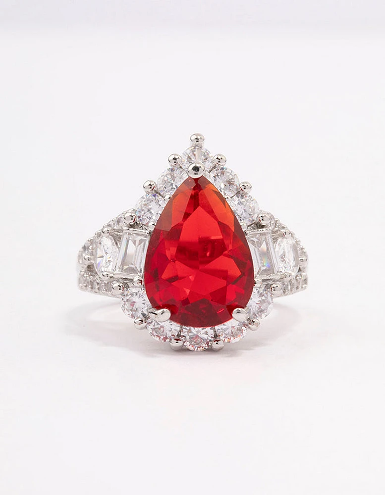 Silver Red Pear Cubic Zirconia Cocktail Ring