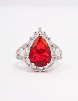 Rhodium Red Pear Cubic Zirconia Cocktail Ring