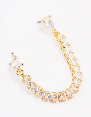 Gold Plated Brass Double Cubic Zirconia Chain Stud Earrings