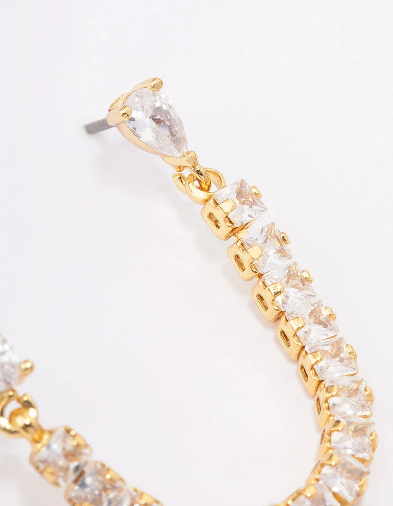 Gold Plated Brass Double Cubic Zirconia Chain Stud Earrings