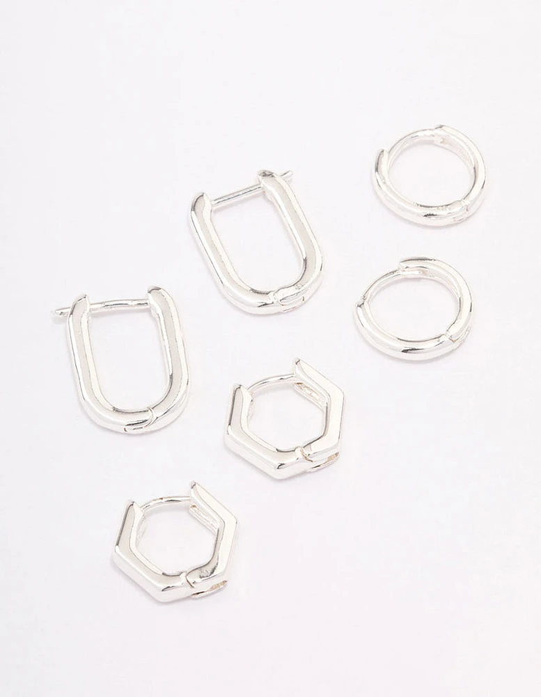 Silver Plated Brass  Hexagon Hoop Earrings Pack