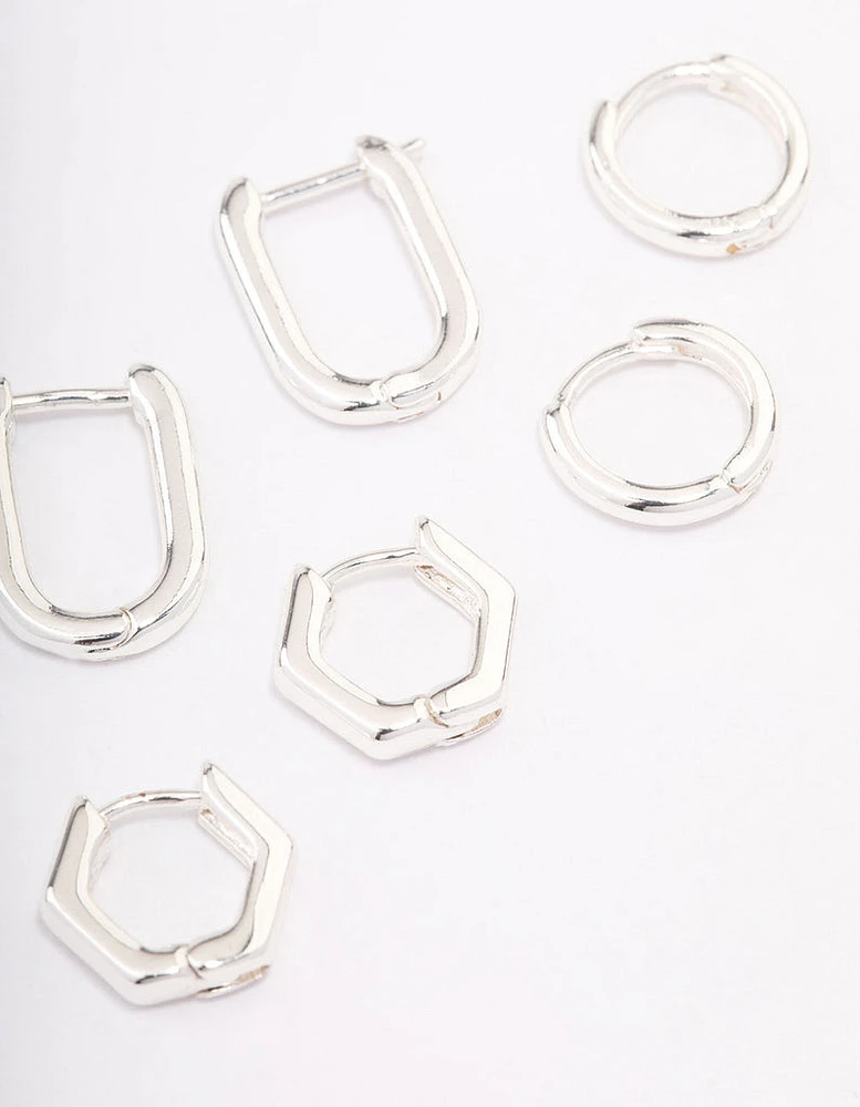 Silver Plated Brass  Hexagon Hoop Earrings Pack