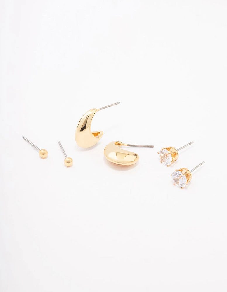 Gold Plated Brass Tapered Hoop Earrings 3-Pack