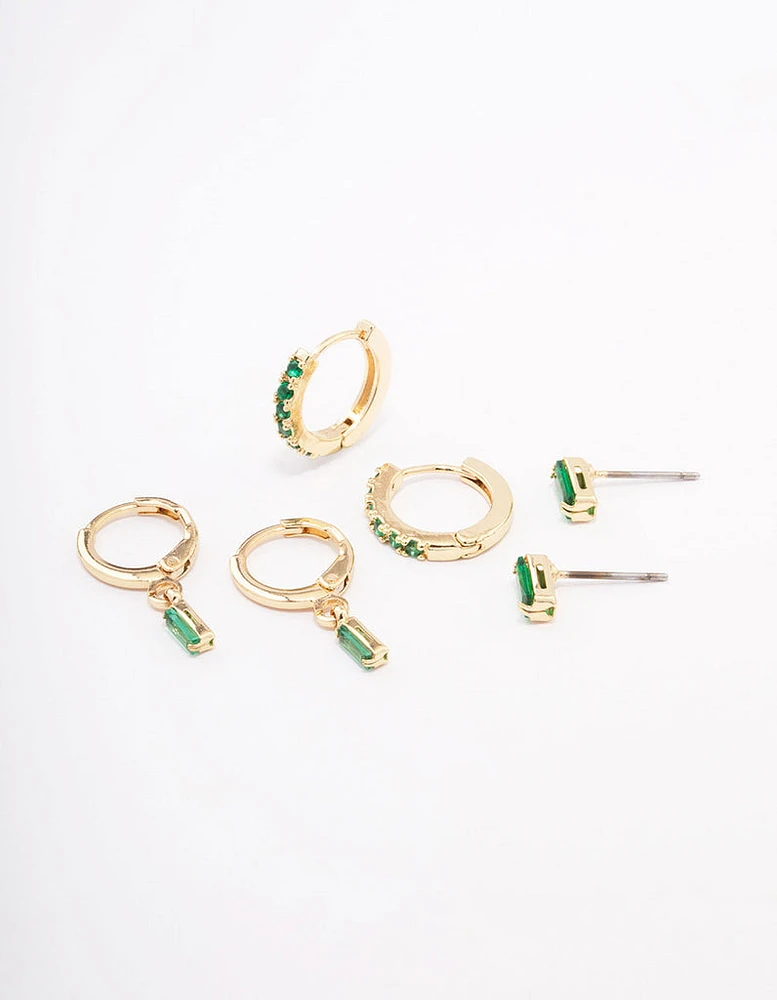 Gold Plated Brass Baguette Stud & Huggie Earring Pack