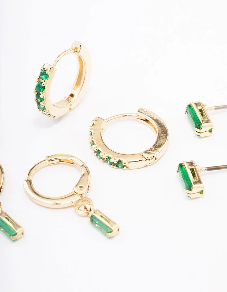 Gold Plated Brass Baguette Stud & Huggie Earring Pack