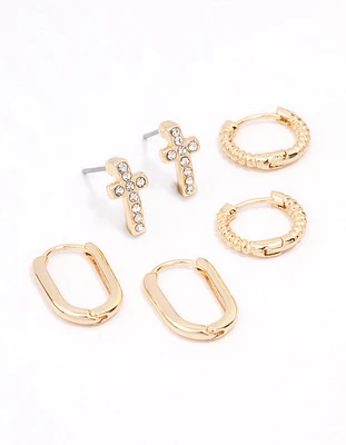 Gold Plated Cross Oval Huggie Earring 3-Pack