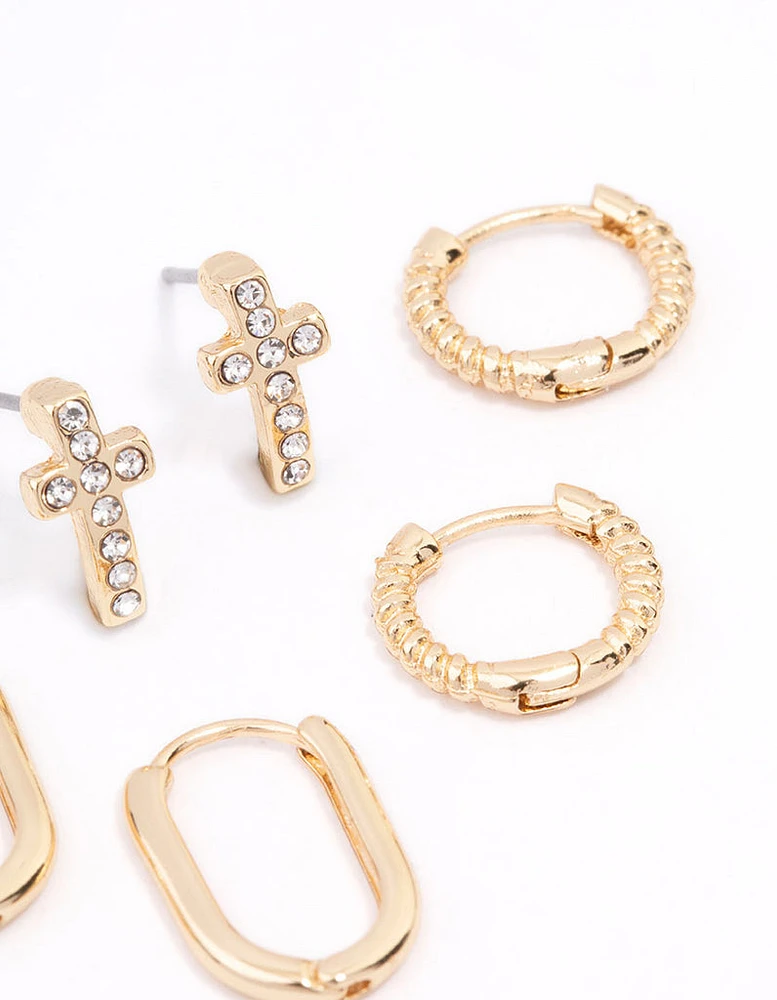 Gold Plated Cross Oval Huggie Earring 3-Pack