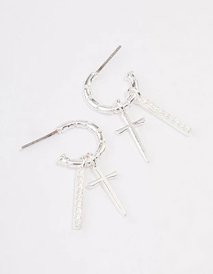 Silver Plated Cross Diamante Bar Hoop Earrings