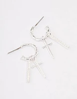 Silver Plated Cross Diamante Bar Hoop Earrings