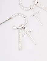 Silver Plated Cross Diamante Bar Hoop Earrings