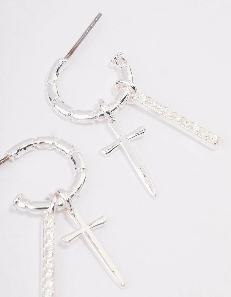 Silver Plated Cross Diamante Bar Hoop Earrings