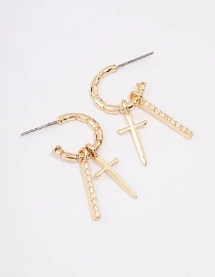 Gold Plated Cross Diamante Bar Hoop Earrings