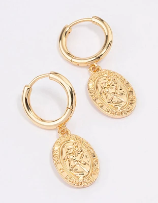 Gold Plated Coin Pendant Huggie Earrings