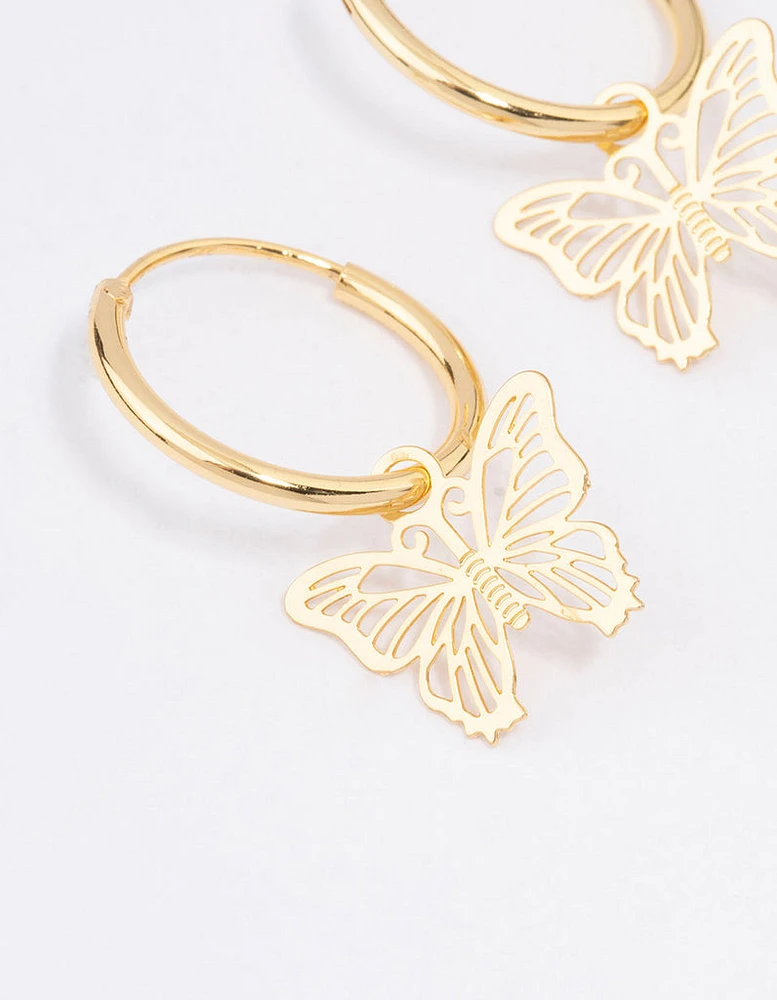 Gold Plated Filigree Butterfly Hoop Earrings