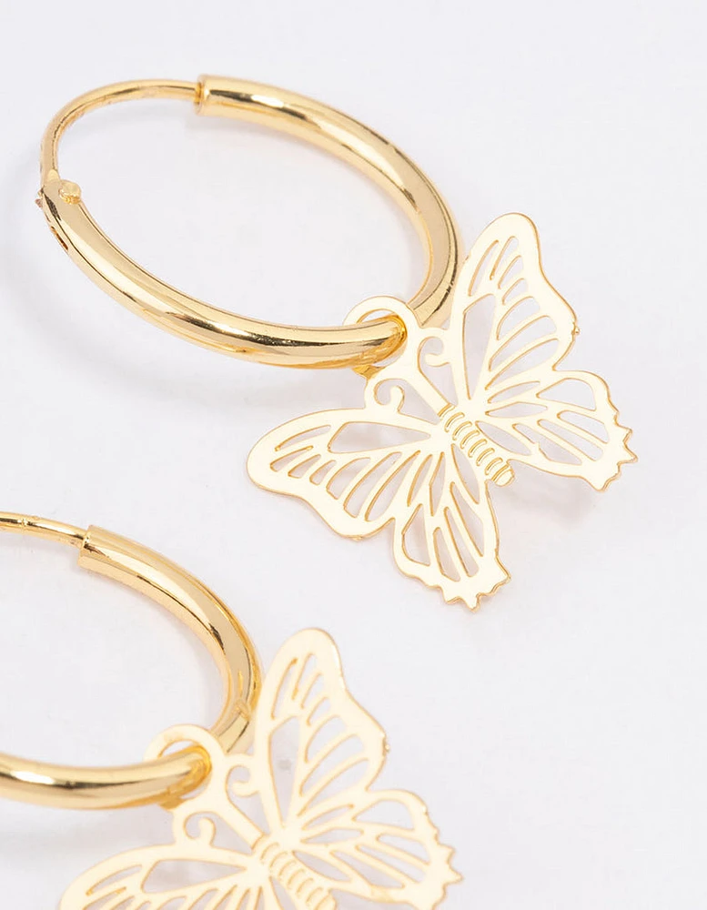 Gold Plated Filigree Butterfly Hoop Earrings