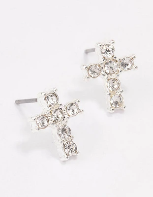 Silver Plated Diamante Cross Stud Earrings