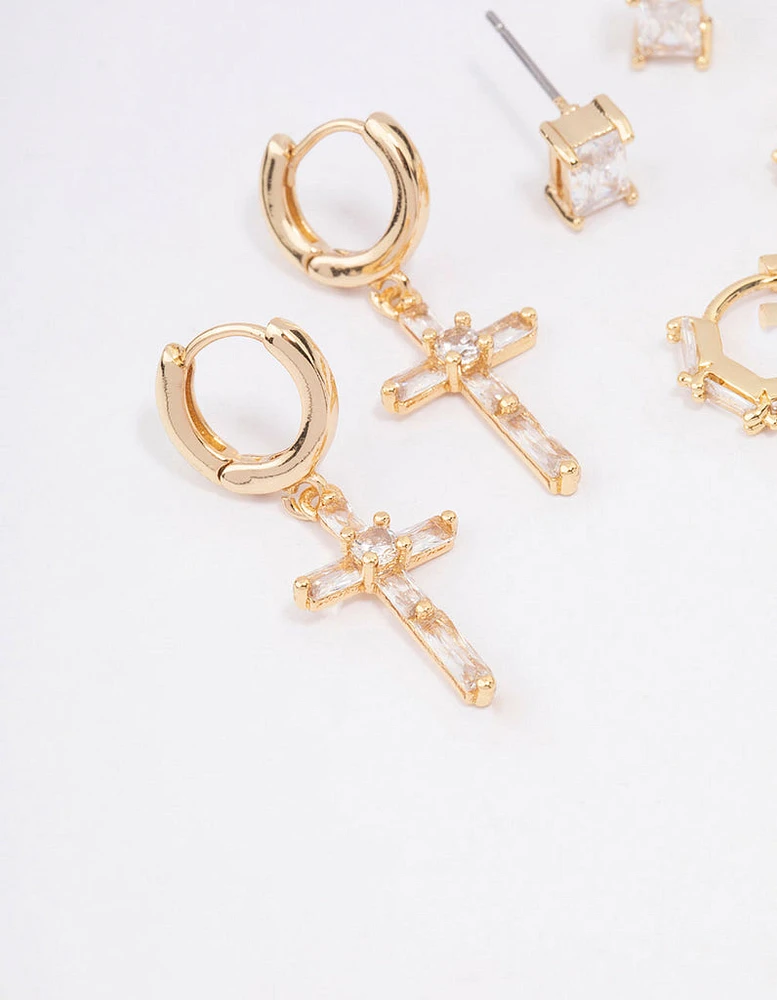 Gold Plated Cubic Zirconia Baguette Cross Earrings 3-Pack