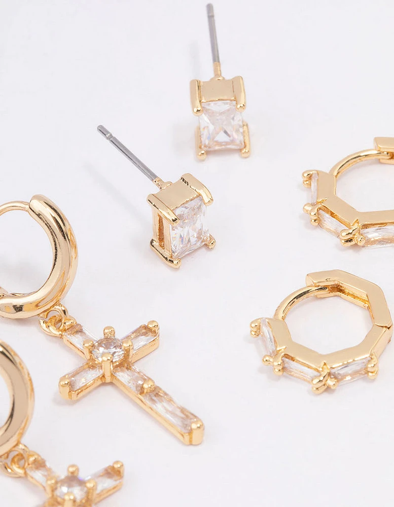 Gold Plated Cubic Zirconia Baguette Cross Earrings 3-Pack