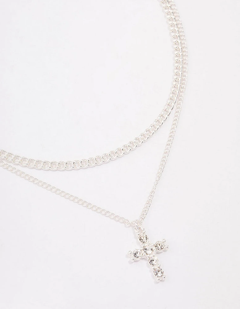 Silver Plated Diamante Cross Layered Curb Necklace