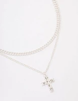 Silver Plated Diamante Cross Layered Curb Necklace