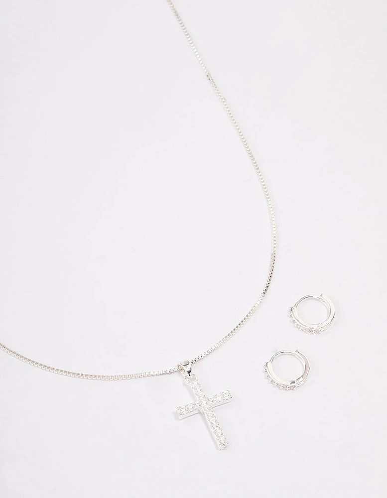 Silver Plated Diamante Cross Necklace & Huggie Earrings Jewellery Set