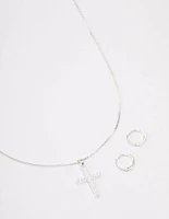 Silver Plated Diamante Cross Necklace & Huggie Earrings Jewellery Set