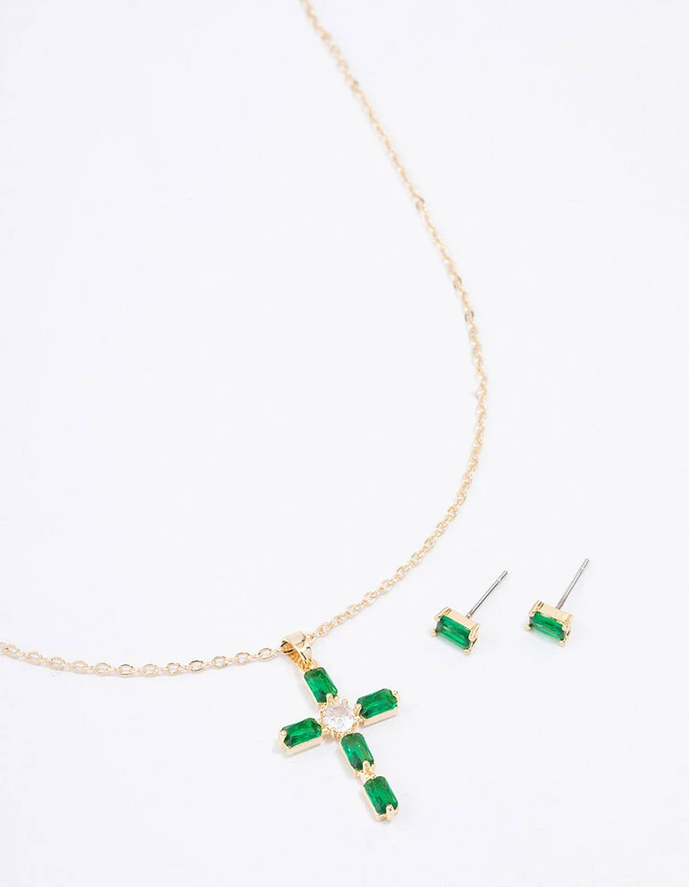 Gold Plated Emerald Cross Jewellery Set