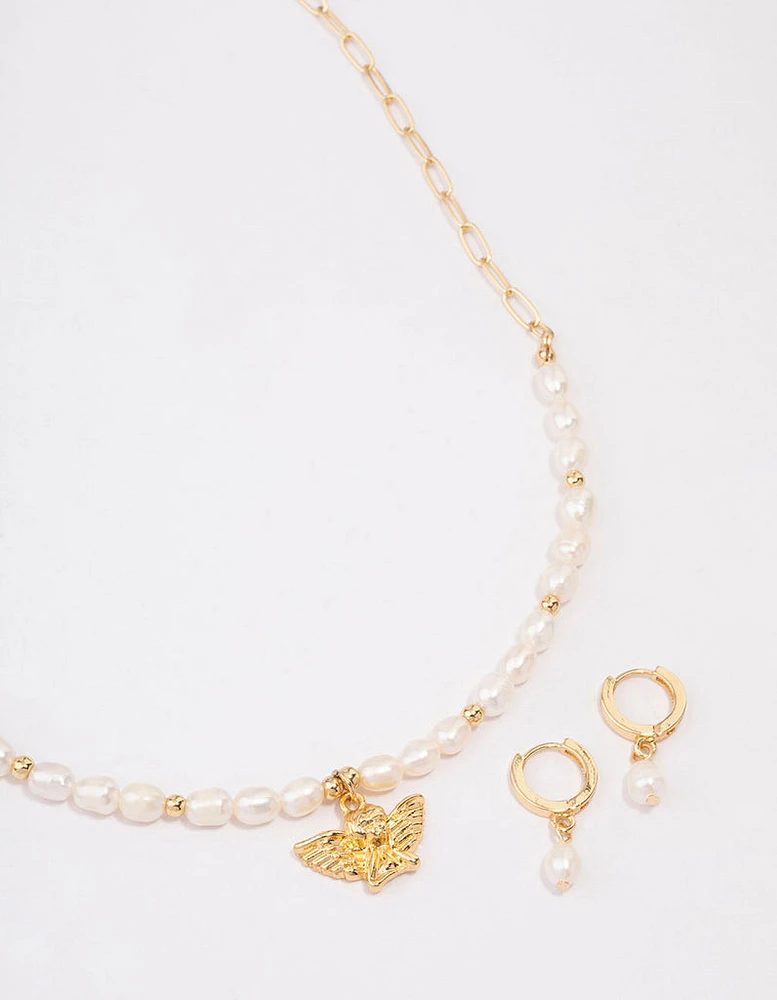 Gold Plated Freshwater Pearl Cherub Jewellery Set