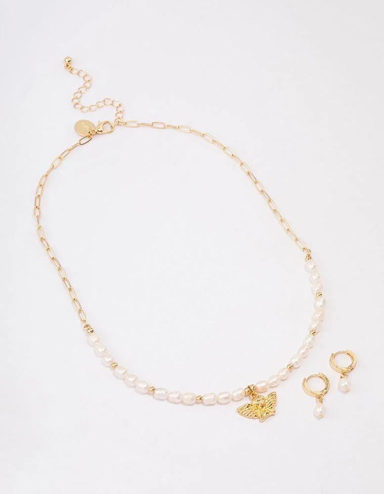 Gold Plated Freshwater Pearl Cherub Jewellery Set