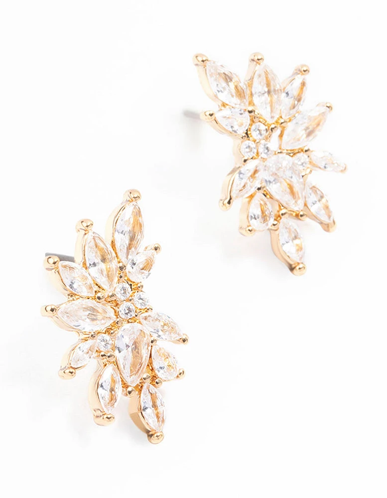 Gold Plated Marquise Fan Leaf Stud Earrings