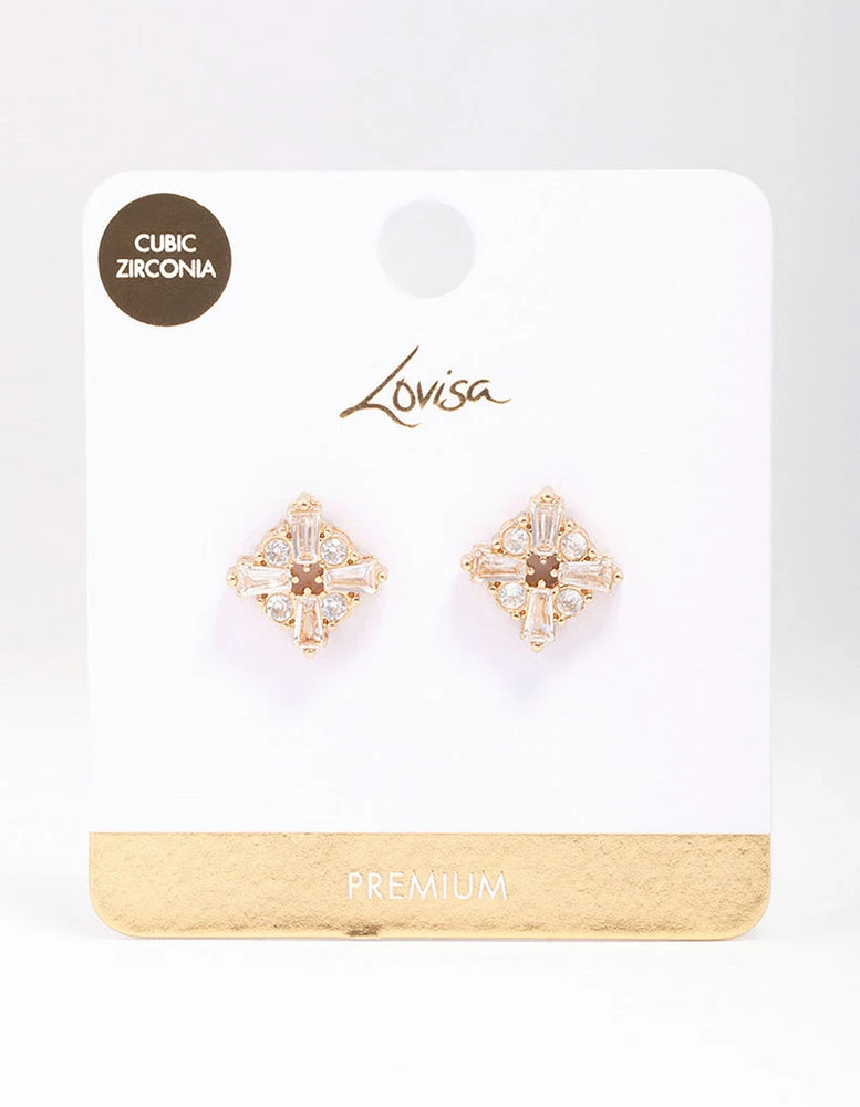 Gold Plated Round & Baguette Stud Earrings