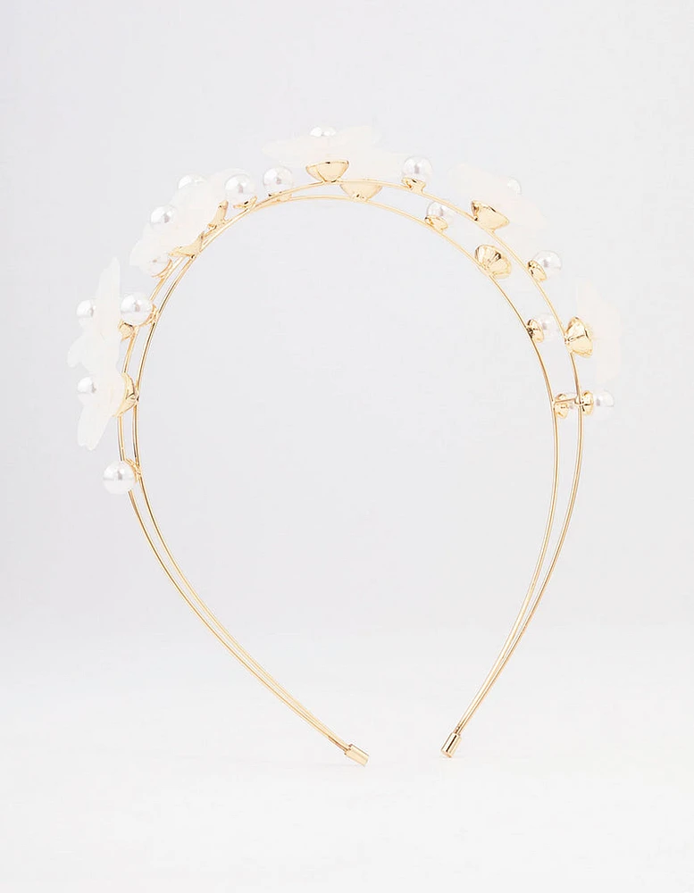 Gold Pearl Flower Double Headband