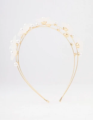 Gold Pearl Flower Double Headband