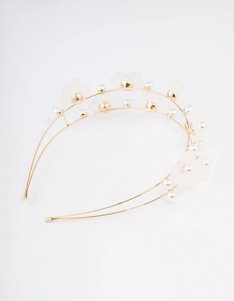 Gold Pearl Flower Double Headband