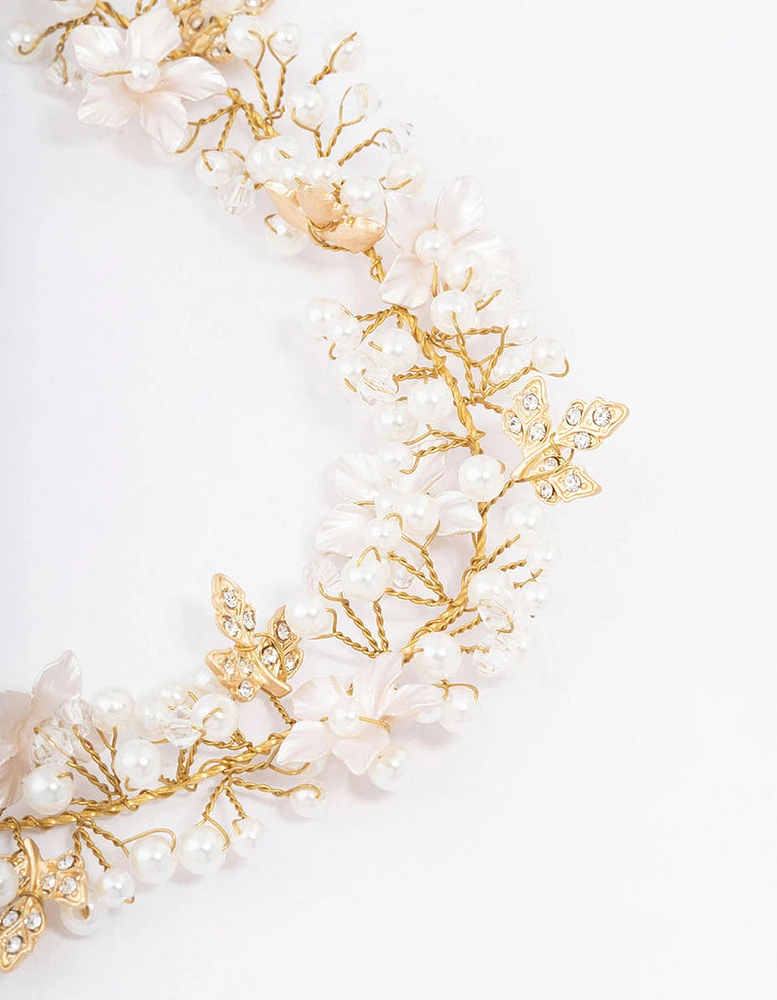 Gold Pearl Cluster Flower Hair Drape