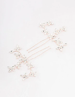 Rose Gold Flower Leaf Diamante Hair Pin Pack