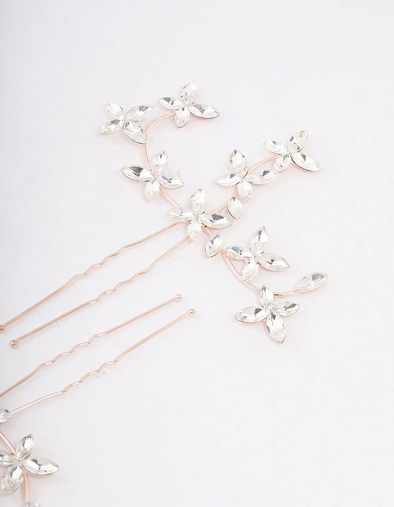 Rose Gold Flower Leaf Diamante Hair Pin Pack