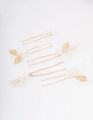 Gold Wire Flower Pearl Hair Pins