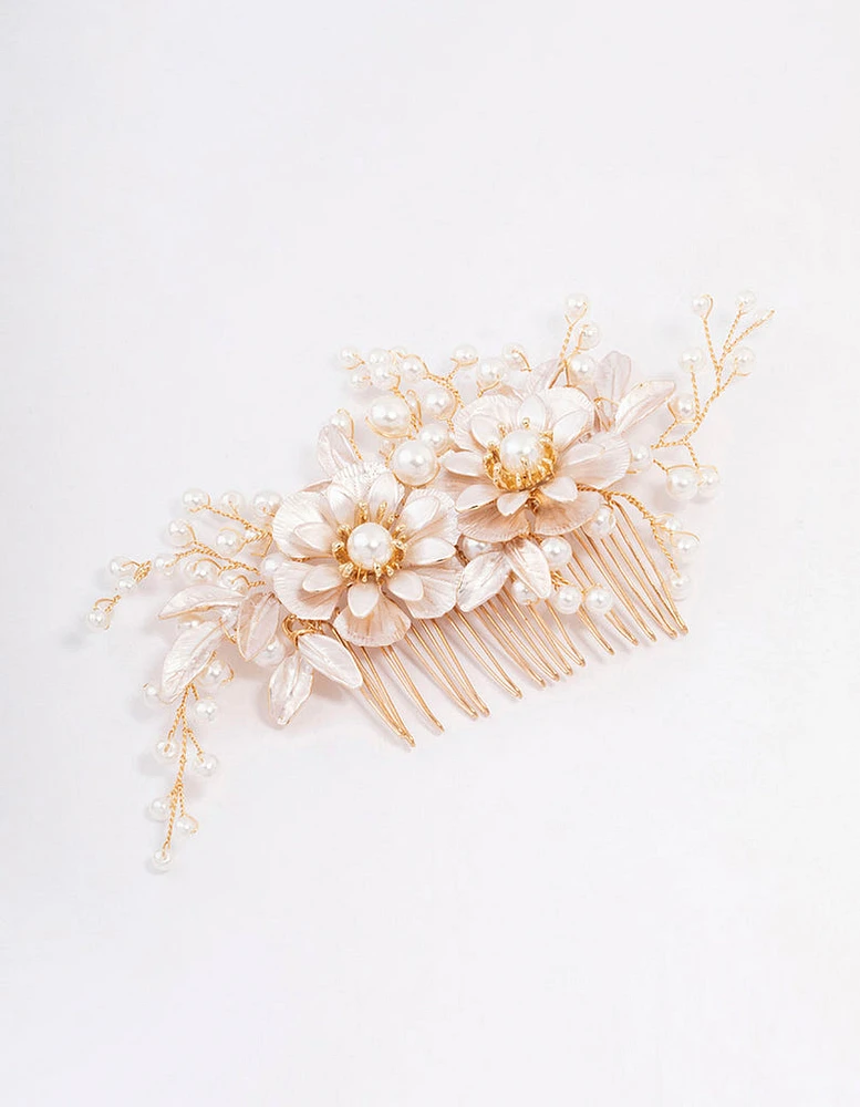 Gold Flower Wire Pearl Hair Comb