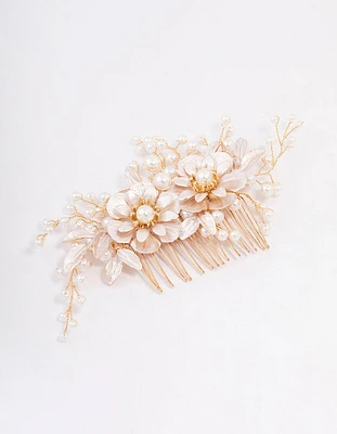 Gold Flower Wire Pearl Hair Comb